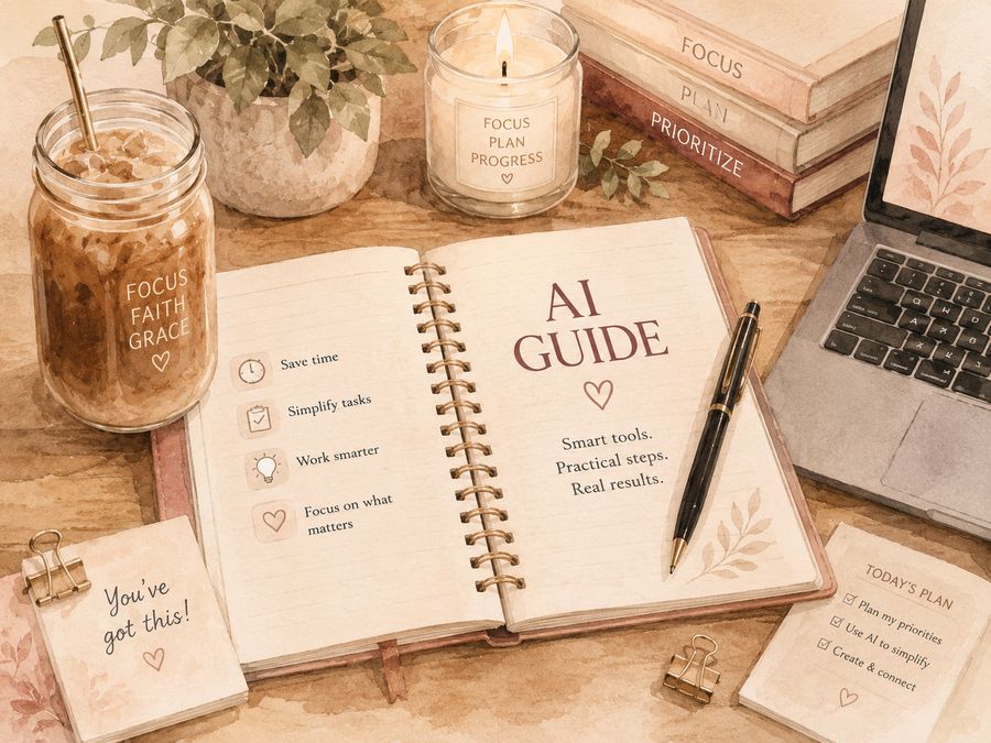An AI guide notebook next to a laptop and iced coffee