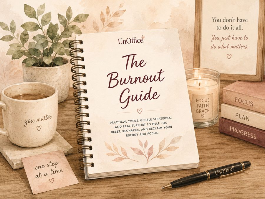 The Burnout Field Guide notebook on a desk with coffee and a candle