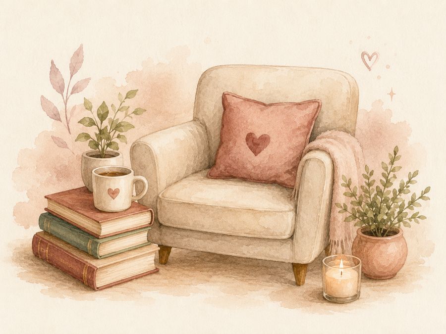 A cozy reading chair with books, coffee, and plants
