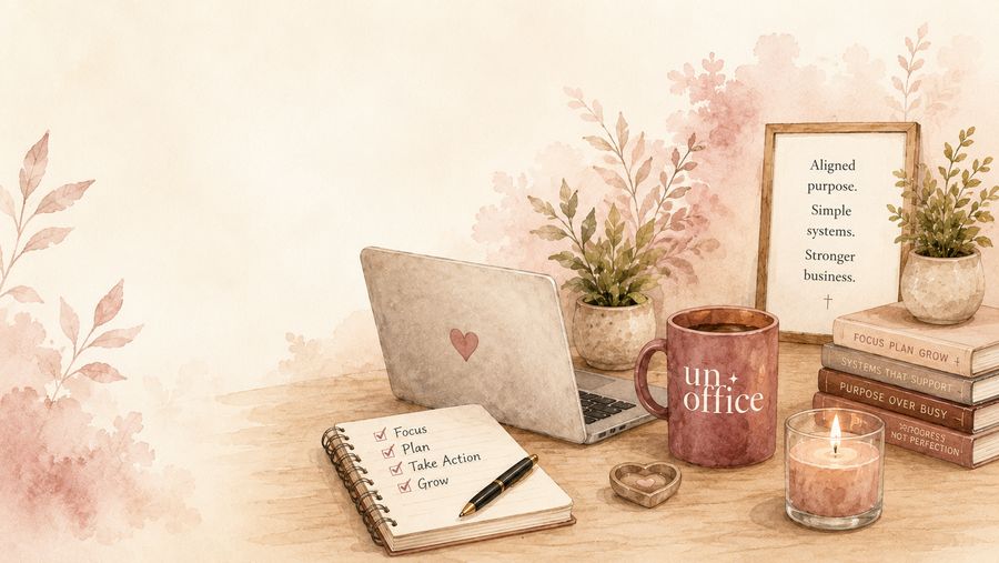 A cozy desk with coffee and greenery