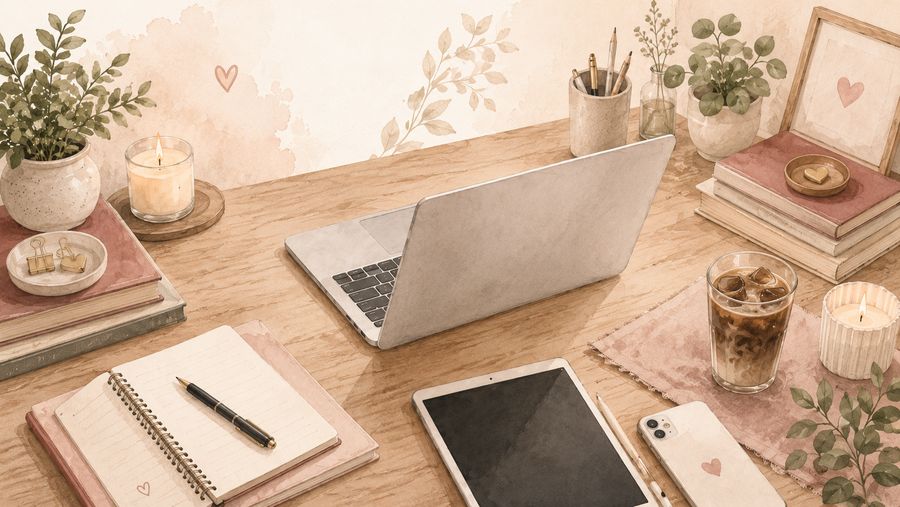 A tidy desk with a laptop and plants