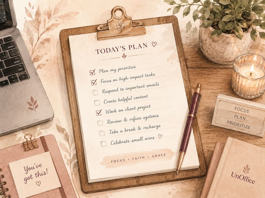 A daily plan checklist on a clipboard beside a laptop