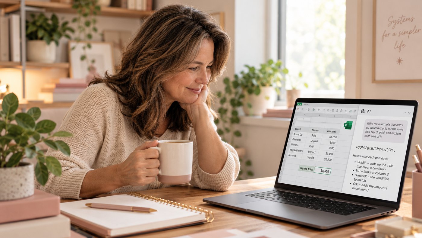 A woman at a tidy desk reads an AI assistant's explanation of a SUMIF formula beside her spreadsheet.