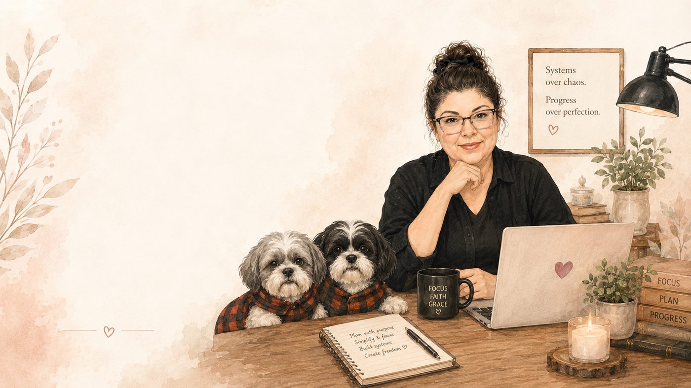 Suzi at her desk with her two Shih Tzus and an UnOffice mug
